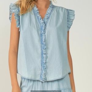 ELAN SLEEVELESS DENIM RUFFLE BLOUSE